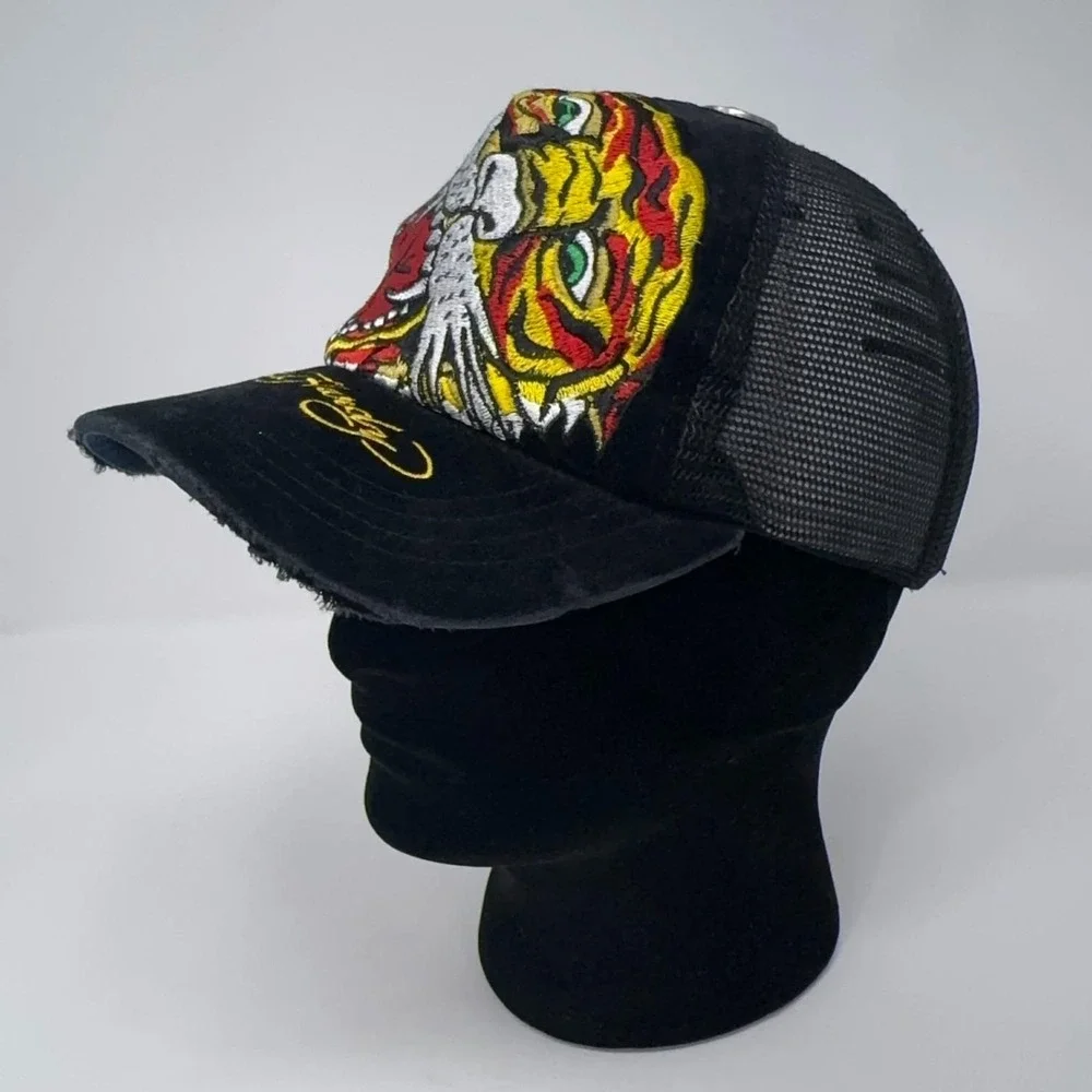 VTG Y2K Ed Hardy Trucker Hat Embroidered Tattoo Tiger Head Black Mesh Snapback - Picture 2 of 13